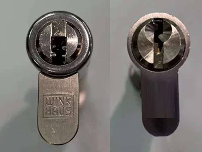 Фото: прорези для ключа – симметричная у цилиндра keyTec X-TRA (слева) и несимметричная у китайского цилиндра (справа). © oknamedia 